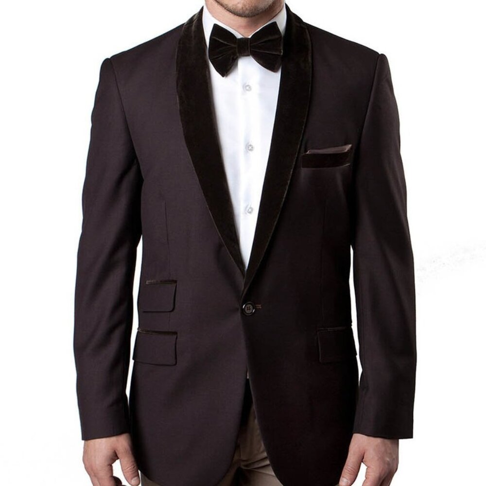 Solid Brown Velvet Shawl Collar Men's Jacket